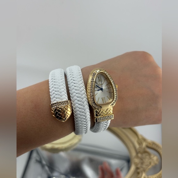 White Braided Wrap Watch with Gold & Crystal Accents – Bracelet Style - Picture 4 of 9